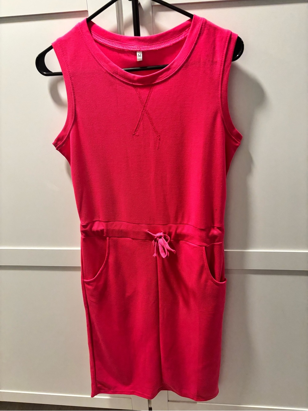 Girls' Sleeveless Hot Pink Drawstring Pocket Dress